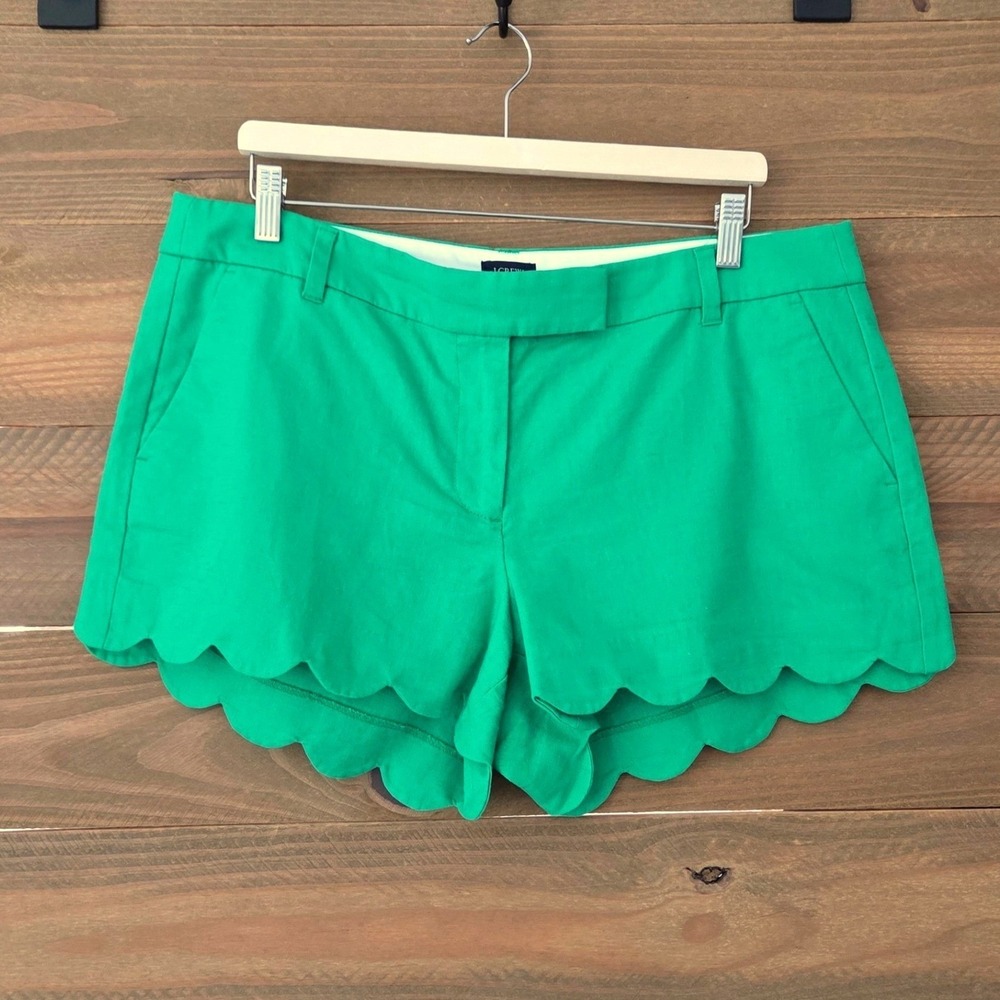 J.Crew Shorts Green Scalloped Hem Linen Cotton Blend Womens 14